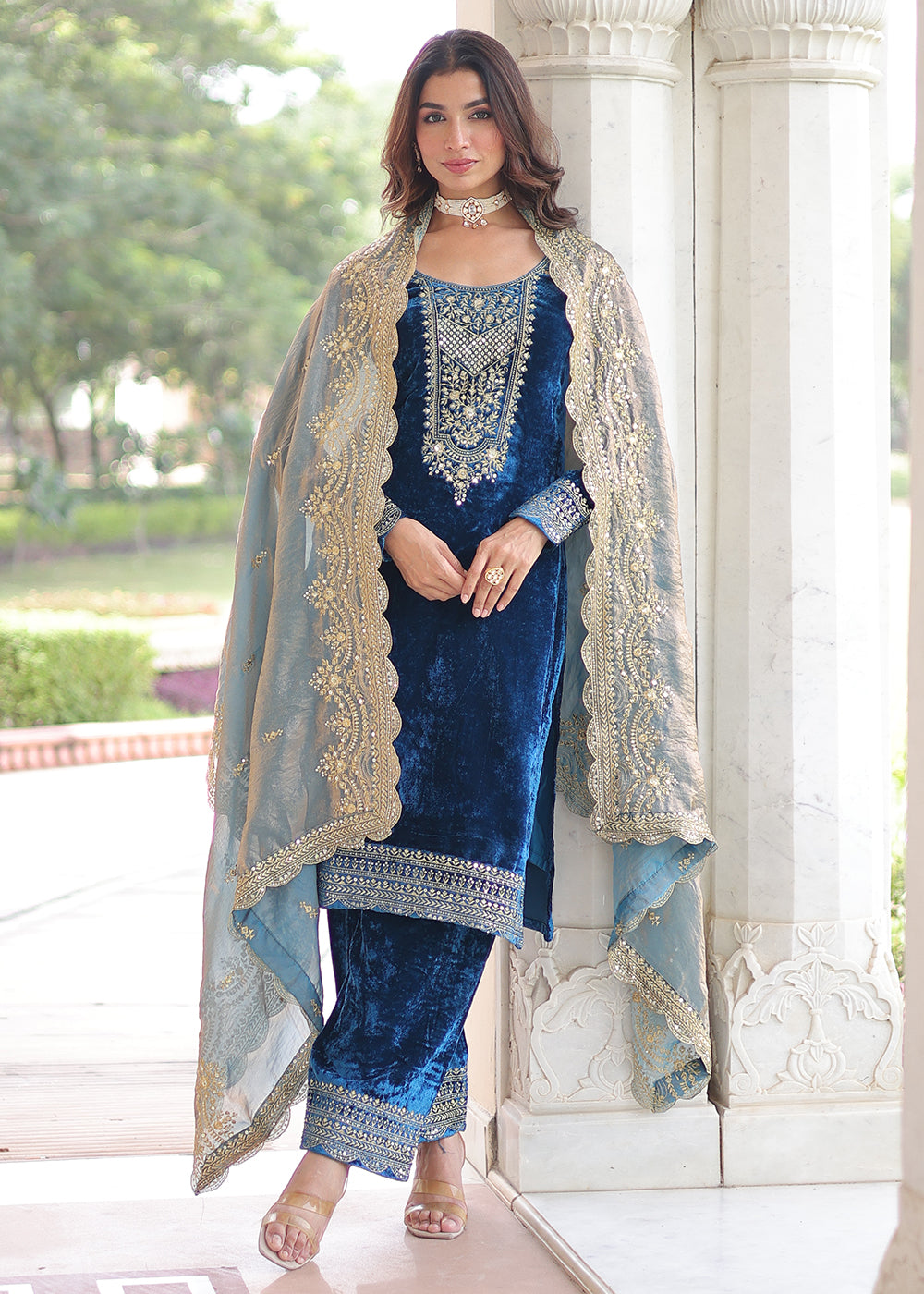 Buy Now Blue Velvet Sequins Work Festive Salwar Suit Online in US, UK, Canada, Germany, Italy, France, Austria, Denmark, Australia, UAE & Worldwide at Empress.
