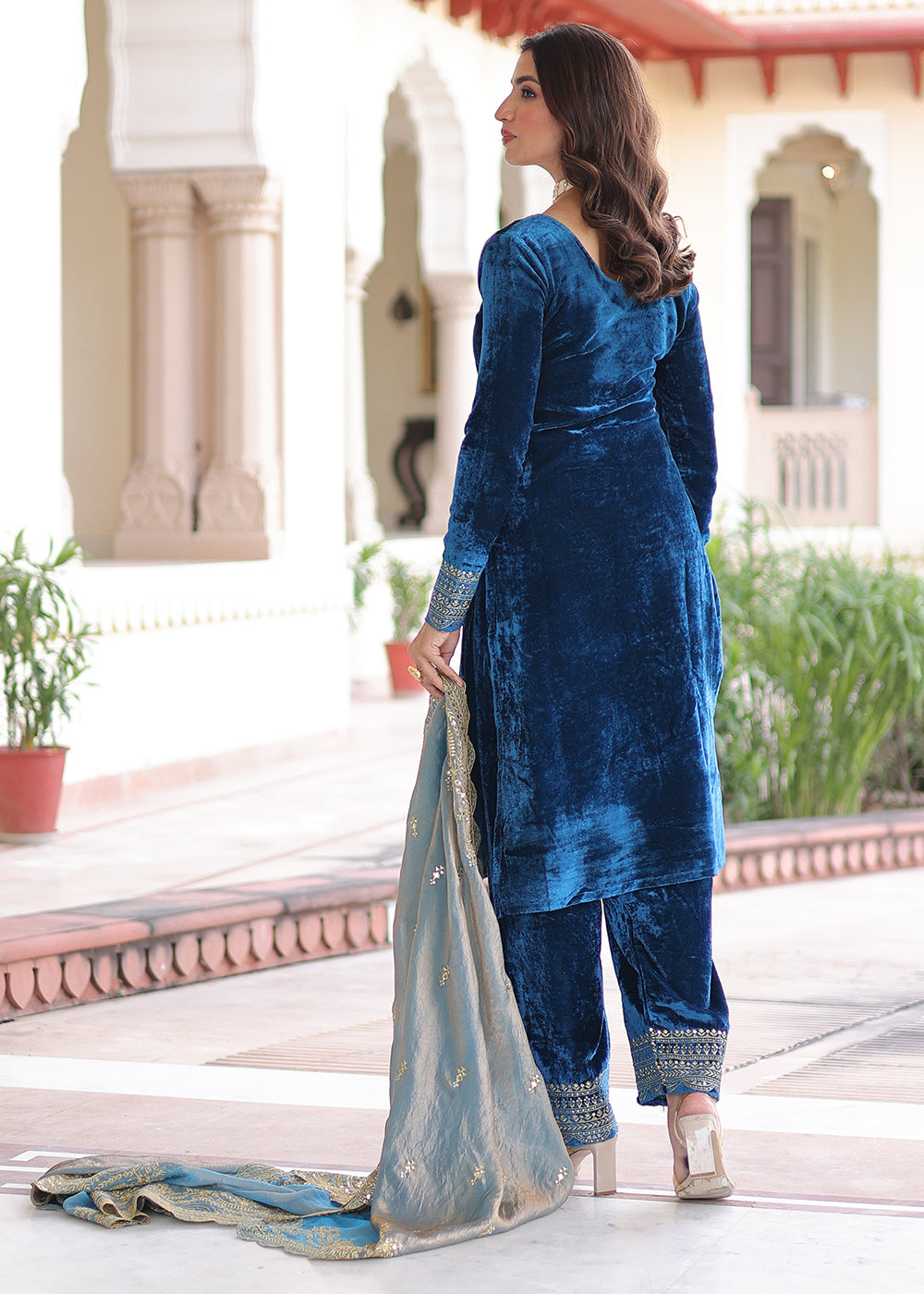Buy Now Blue Velvet Sequins Work Festive Salwar Suit Online in US, UK, Canada, Germany, Italy, France, Austria, Denmark, Australia, UAE & Worldwide at Empress.