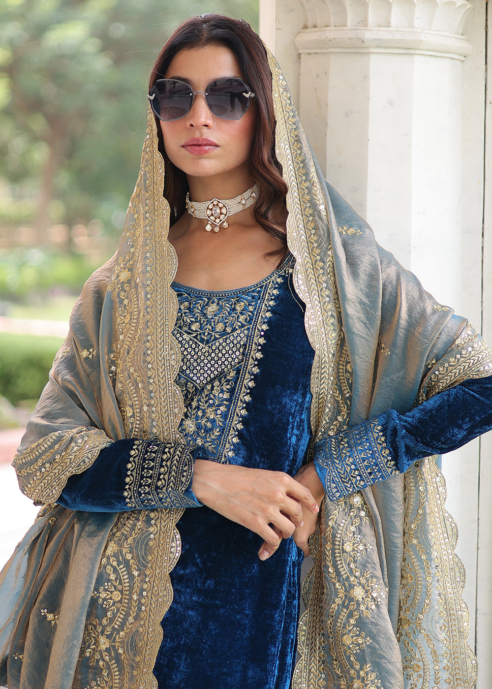 Buy Now Blue Velvet Sequins Work Festive Salwar Suit Online in US, UK, Canada, Germany, Italy, France, Austria, Denmark, Australia, UAE & Worldwide at Empress.