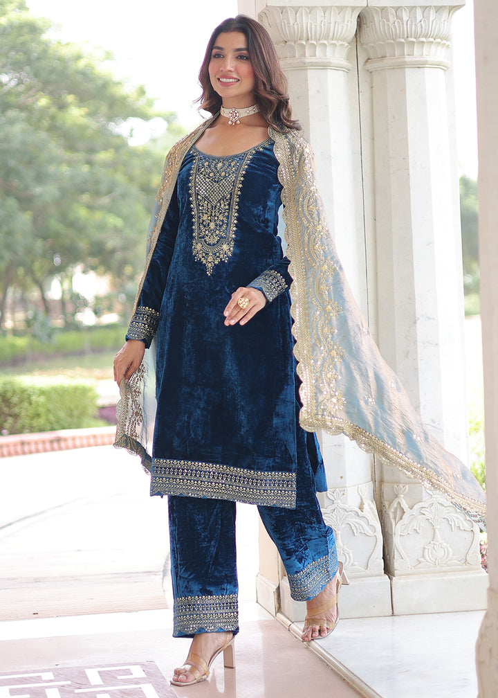 Buy Now Blue Velvet Sequins Work Festive Salwar Suit Online in US, UK, Canada, Germany, Italy, France, Austria, Denmark, Australia, UAE & Worldwide at Empress.