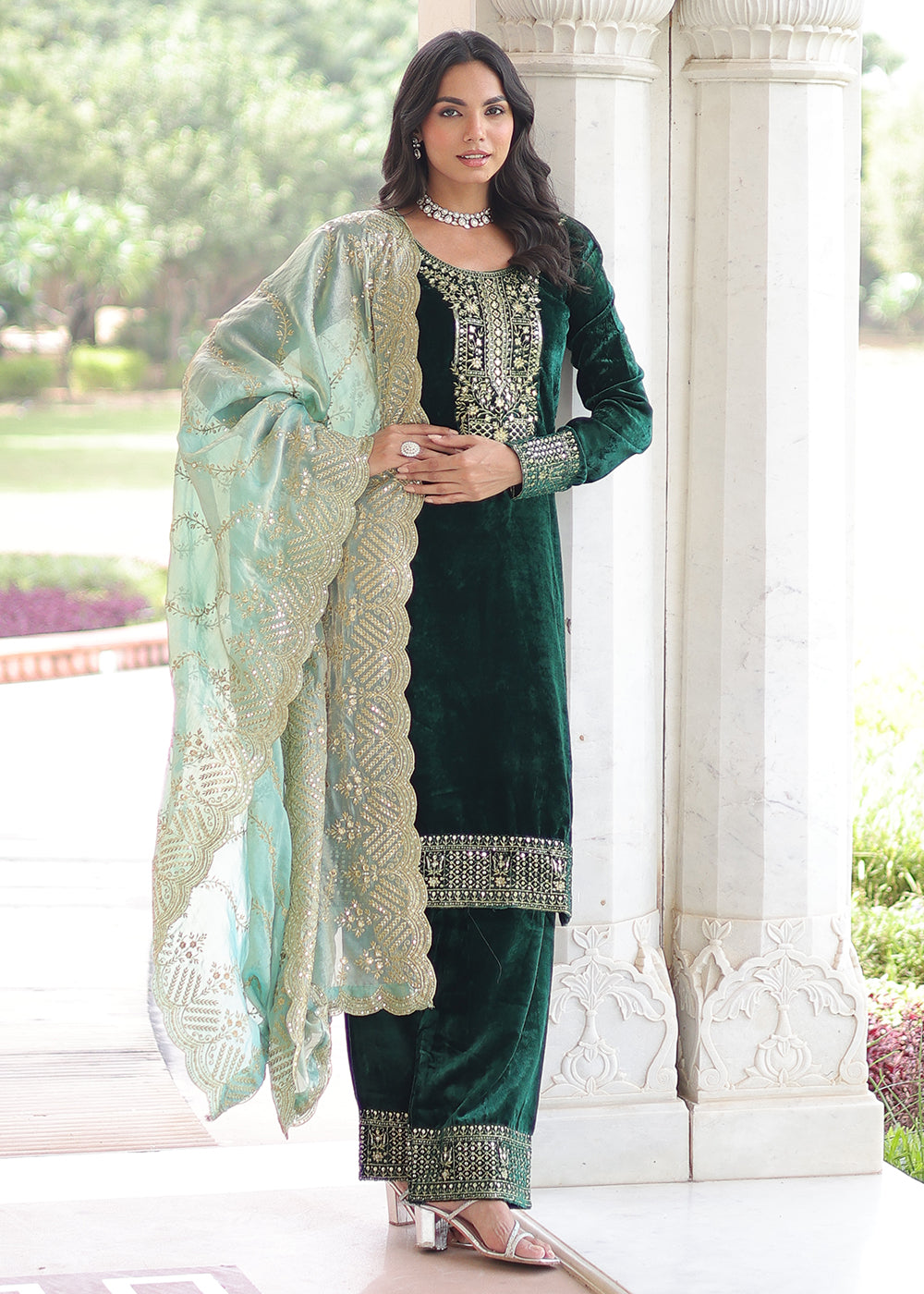 Buy Now Green Velvet Sequins Work Festive Salwar Suit Online in US, UK, Canada, Germany, Italy, France, Austria, Denmark, Australia, UAE & Worldwide at Empress.