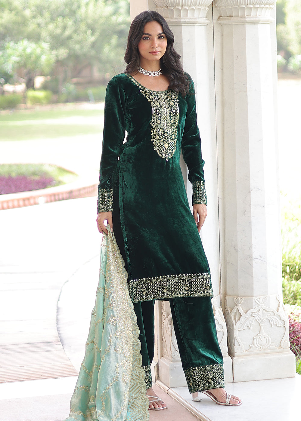 Buy Now Green Velvet Sequins Work Festive Salwar Suit Online in US, UK, Canada, Germany, Italy, France, Austria, Denmark, Australia, UAE & Worldwide at Empress.