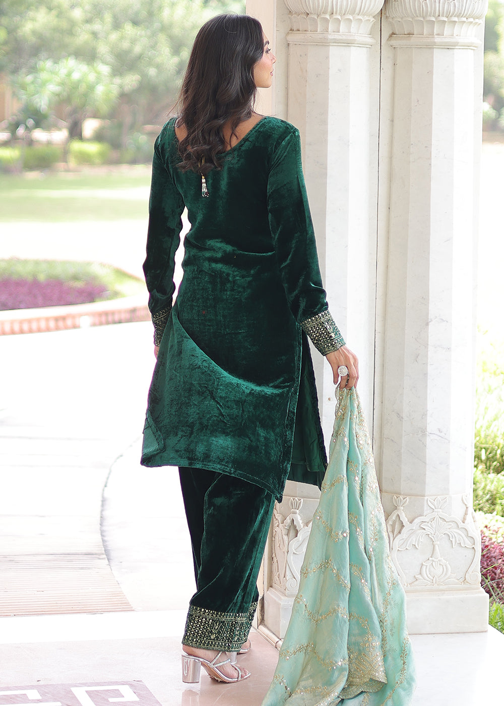 Buy Now Green Velvet Sequins Work Festive Salwar Suit Online in US, UK, Canada, Germany, Italy, France, Austria, Denmark, Australia, UAE & Worldwide at Empress.