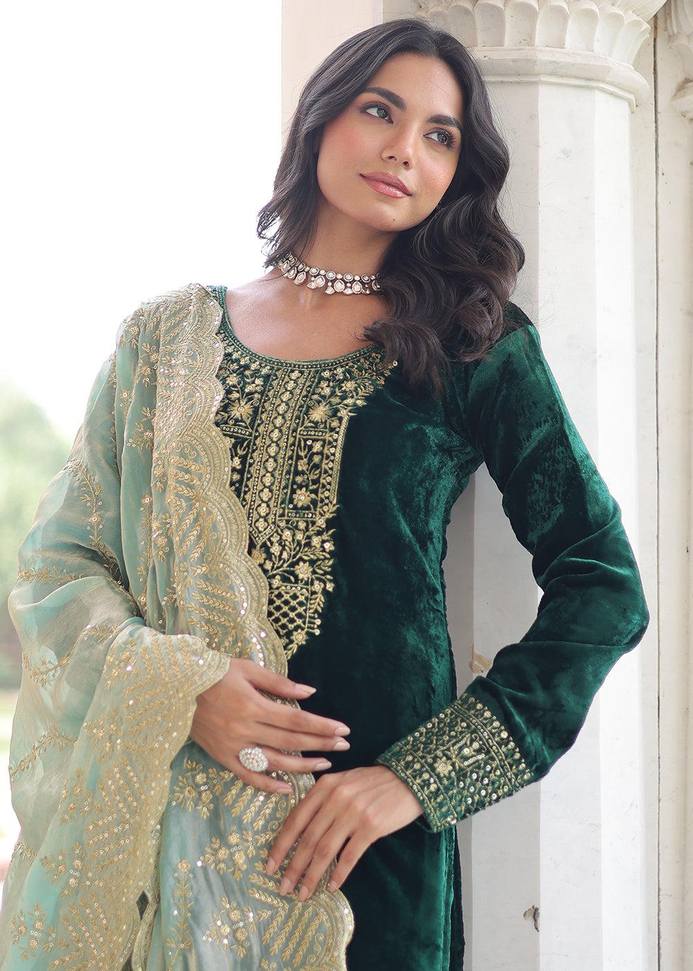 Buy Now Green Velvet Sequins Work Festive Salwar Suit Online in US, UK, Canada, Germany, Italy, France, Austria, Denmark, Australia, UAE & Worldwide at Empress.
