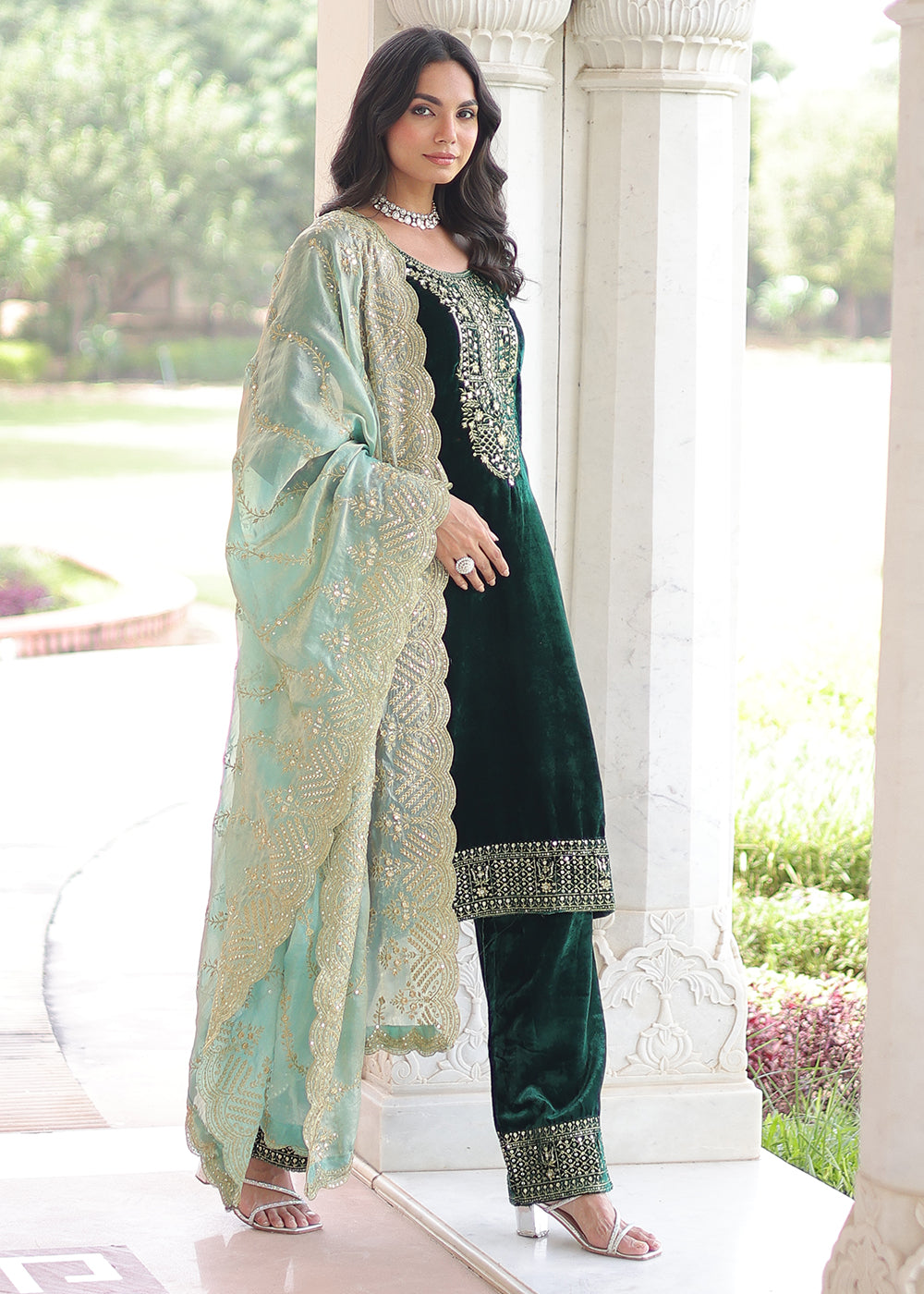 Buy Now Green Velvet Sequins Work Festive Salwar Suit Online in US, UK, Canada, Germany, Italy, France, Austria, Denmark, Australia, UAE & Worldwide at Empress.