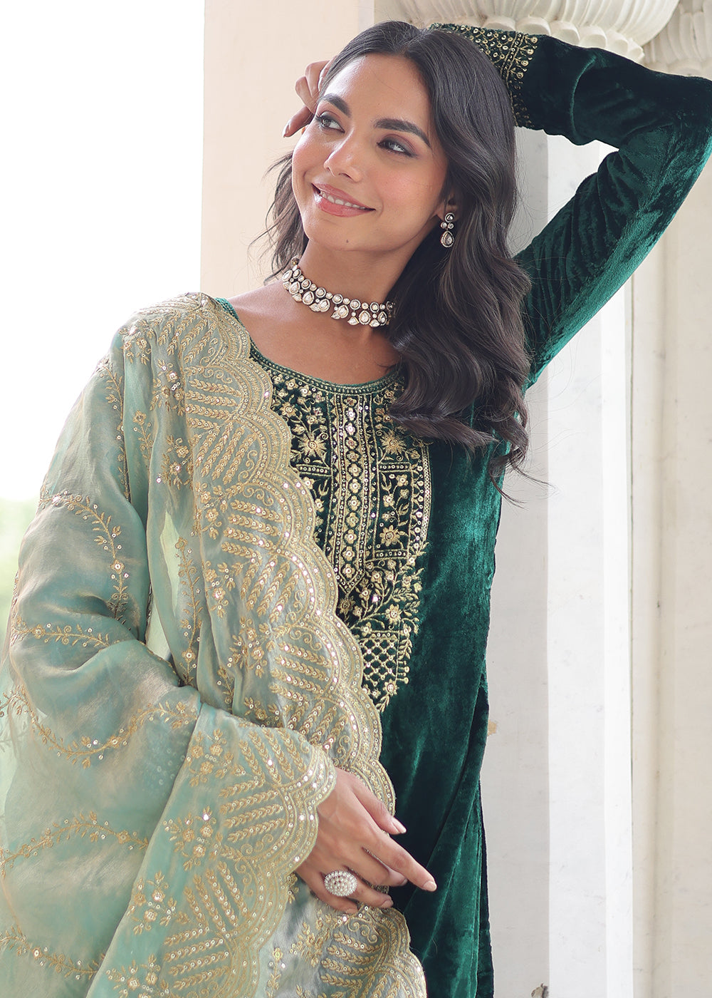 Buy Now Green Velvet Sequins Work Festive Salwar Suit Online in US, UK, Canada, Germany, Italy, France, Austria, Denmark, Australia, UAE & Worldwide at Empress.