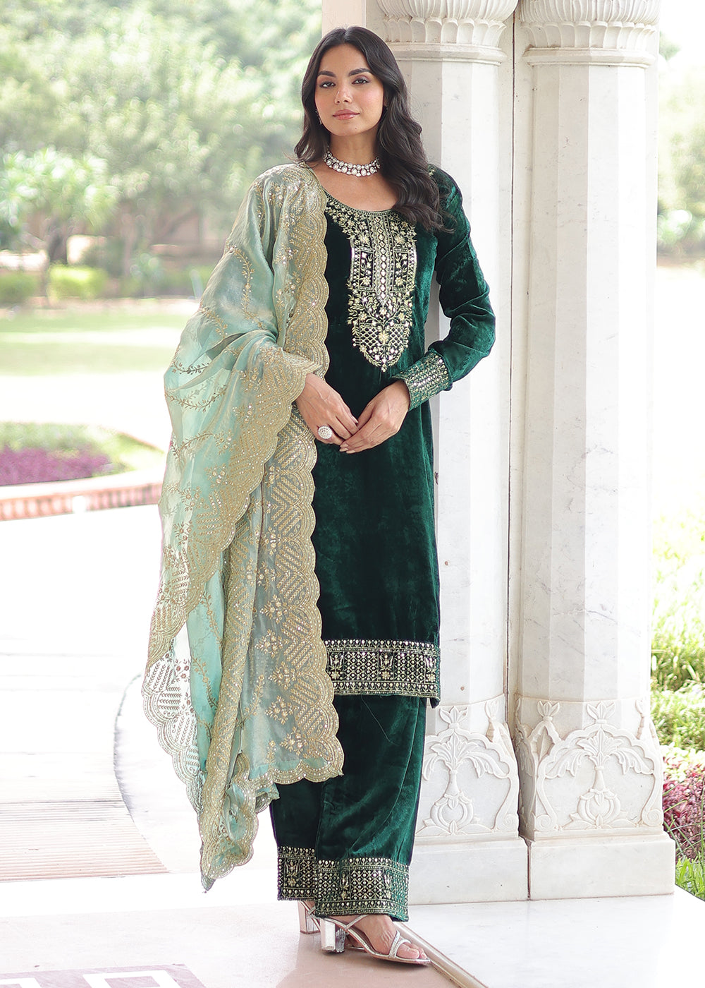 Buy Now Green Velvet Sequins Work Festive Salwar Suit Online in US, UK, Canada, Germany, Italy, France, Austria, Denmark, Australia, UAE & Worldwide at Empress.