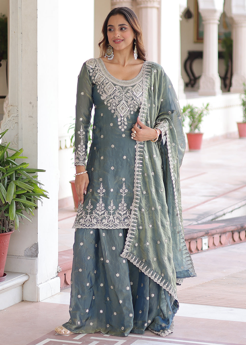 Buy Now Grey Fendy Silk Cording Sequins Palazzo Style Suit Online in US, UK, Canada, Germany, Italy, France, Austria, Denmark, Australia & Worldwide at Empress.