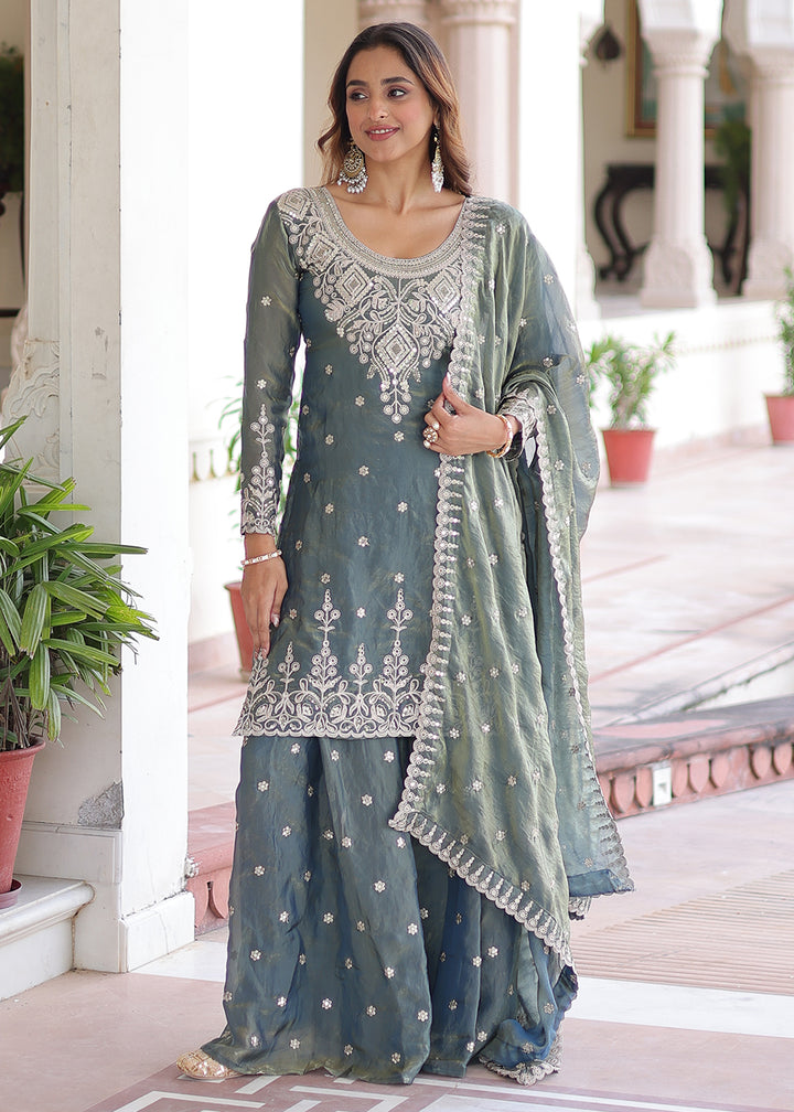 Buy Now Grey Fendy Silk Cording Sequins Palazzo Style Suit Online in US, UK, Canada, Germany, Italy, France, Austria, Denmark, Australia & Worldwide at Empress.