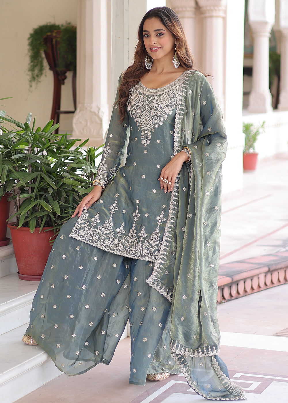 Buy Now Grey Fendy Silk Cording Sequins Palazzo Style Suit Online in US, UK, Canada, Germany, Italy, France, Austria, Denmark, Australia & Worldwide at Empress.