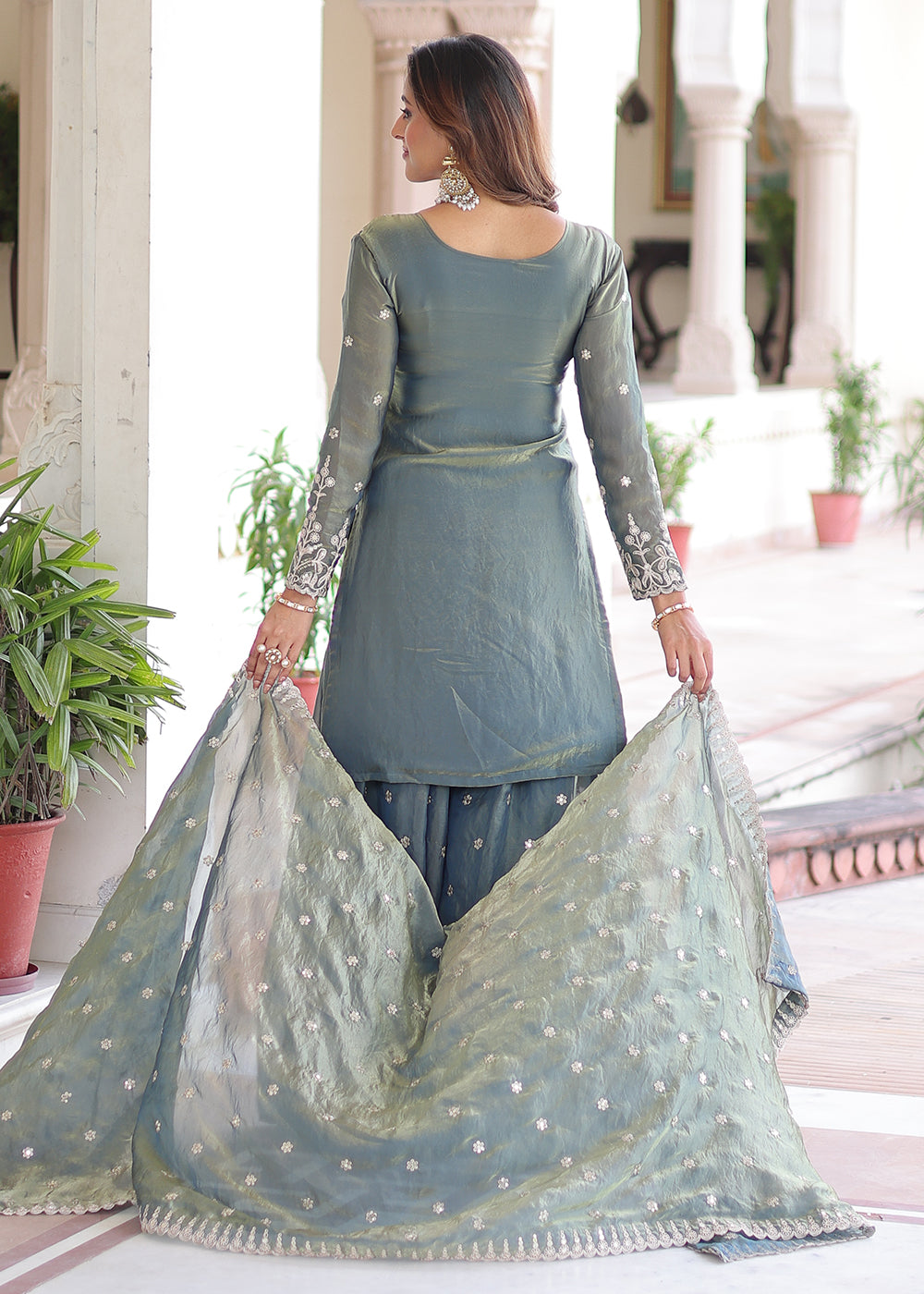 Buy Now Grey Fendy Silk Cording Sequins Palazzo Style Suit Online in US, UK, Canada, Germany, Italy, France, Austria, Denmark, Australia & Worldwide at Empress.