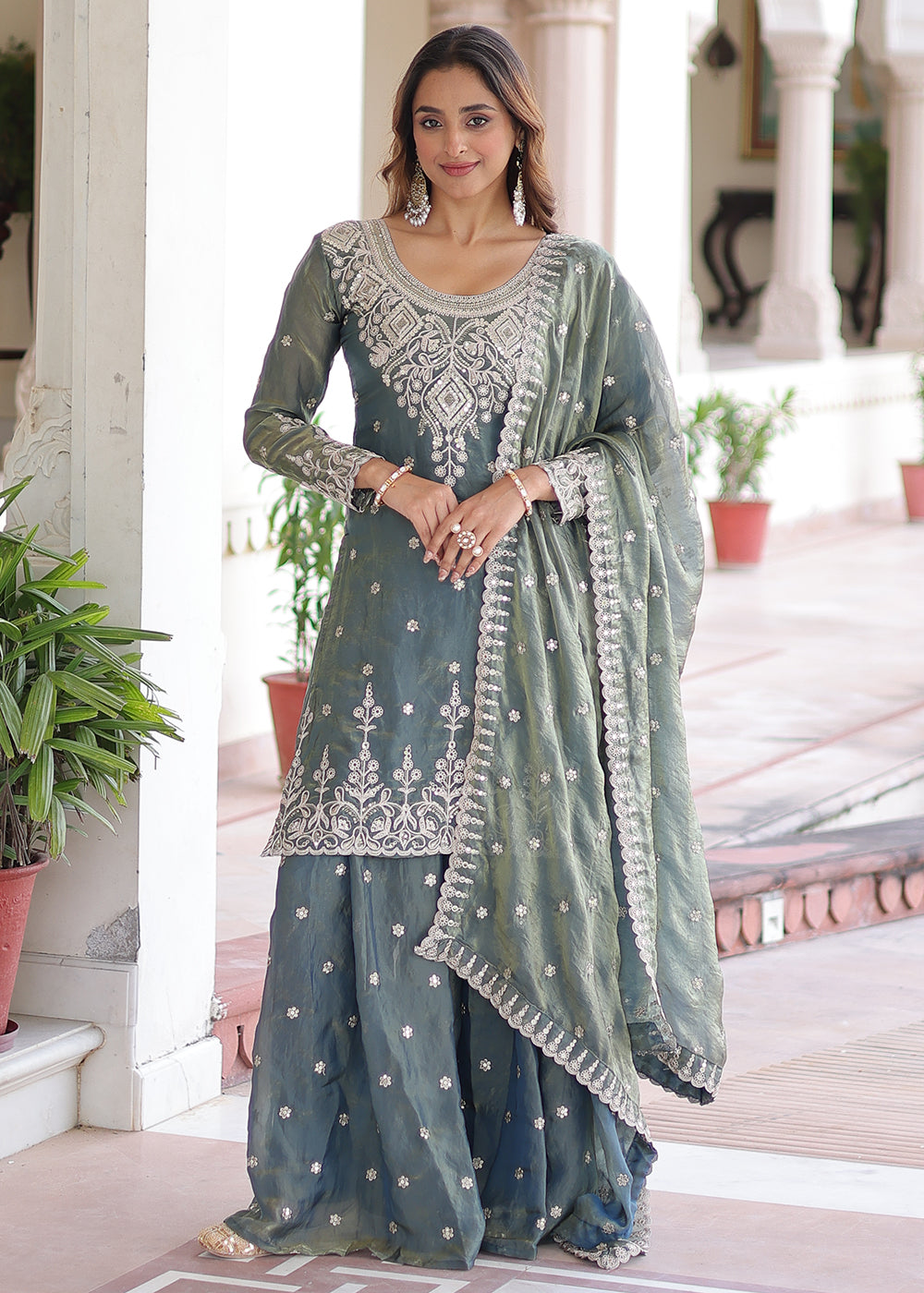 Buy Now Grey Fendy Silk Cording Sequins Palazzo Style Suit Online in US, UK, Canada, Germany, Italy, France, Austria, Denmark, Australia & Worldwide at Empress.