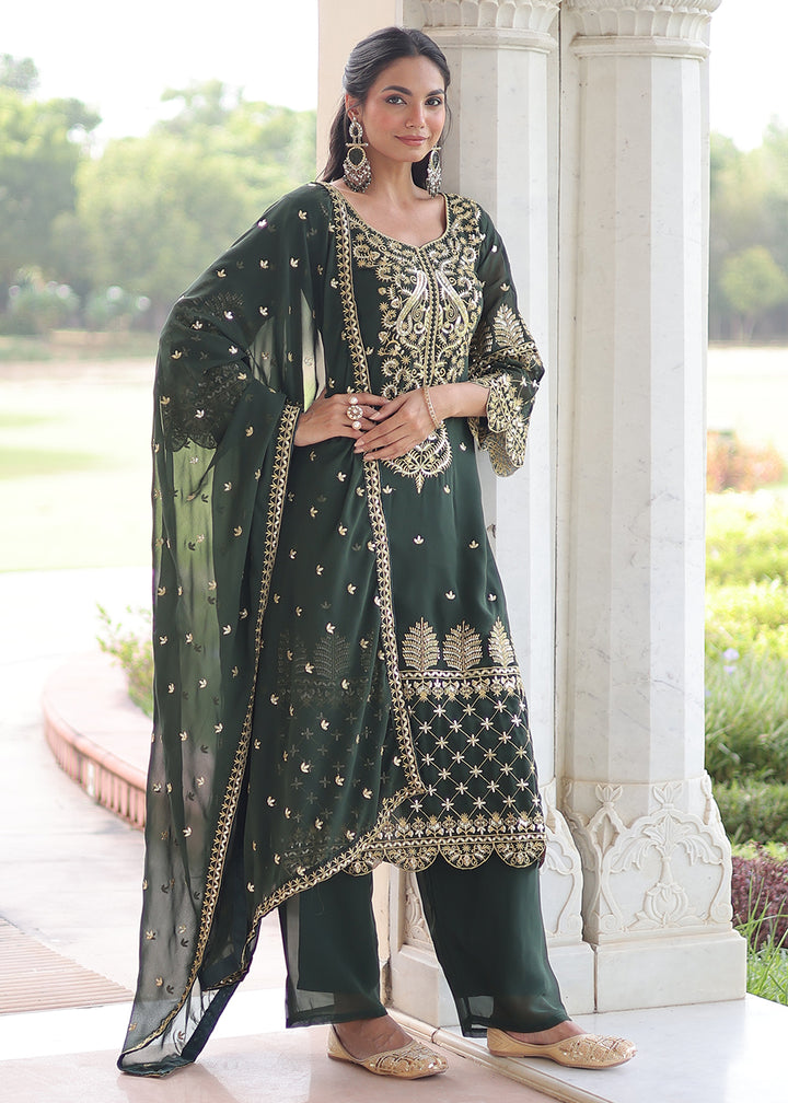 Buy Now Green Blooming Silk Pakistani Style Salwar Suit Online in US, UK, Canada, Germany, Italy, France, Austria, Denmark, Australia & Worldwide at Empress.
