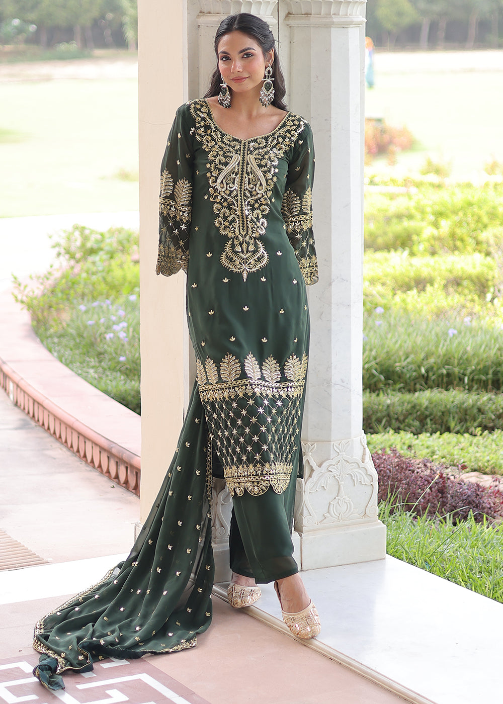 Buy Now Green Blooming Silk Pakistani Style Salwar Suit Online in US, UK, Canada, Germany, Italy, France, Austria, Denmark, Australia & Worldwide at Empress.