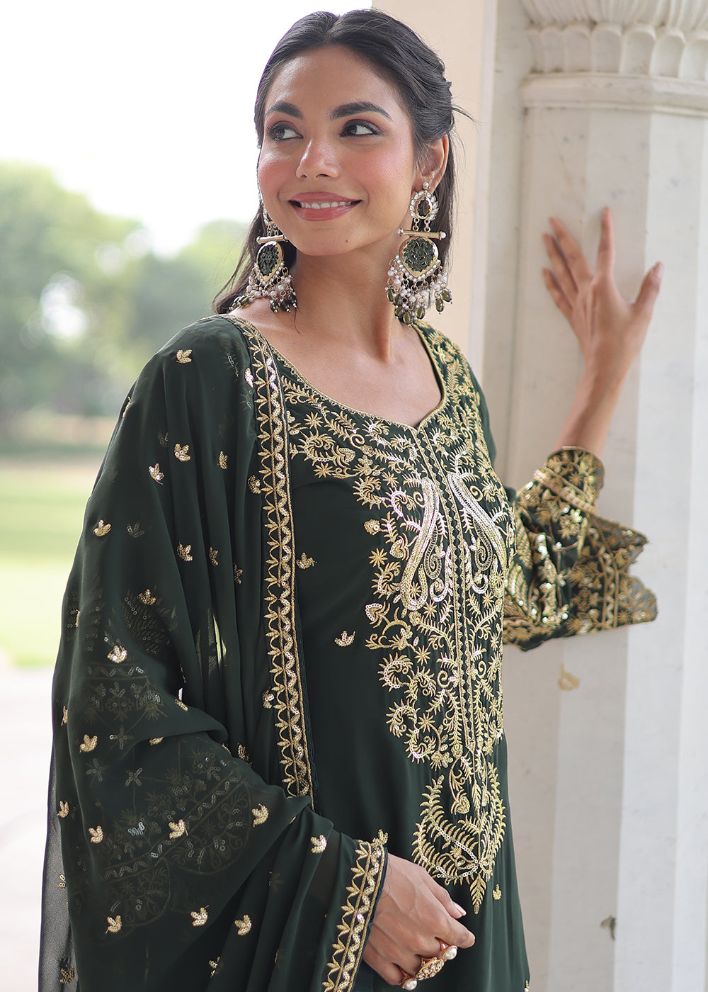 Buy Now Green Blooming Silk Pakistani Style Salwar Suit Online in US, UK, Canada, Germany, Italy, France, Austria, Denmark, Australia & Worldwide at Empress.