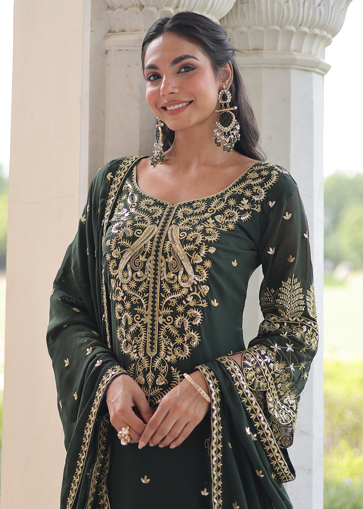 Buy Now Green Blooming Silk Pakistani Style Salwar Suit Online in US, UK, Canada, Germany, Italy, France, Austria, Denmark, Australia & Worldwide at Empress.