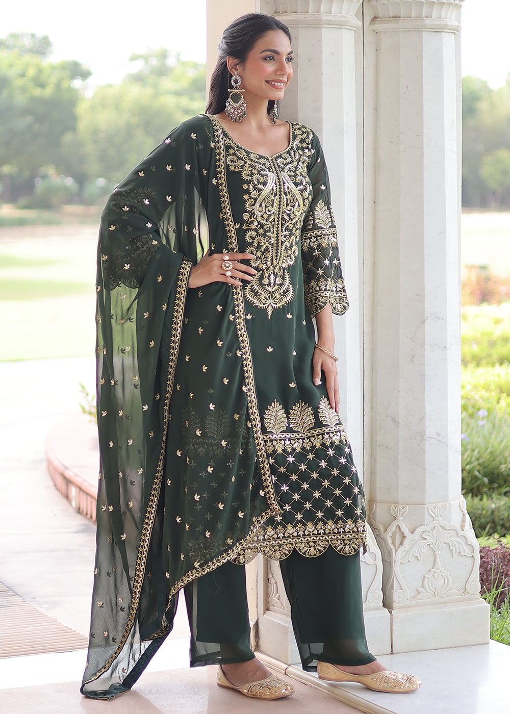 Buy Now Green Blooming Silk Pakistani Style Salwar Suit Online in US, UK, Canada, Germany, Italy, France, Austria, Denmark, Australia & Worldwide at Empress.