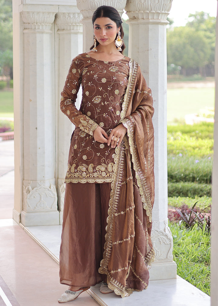 Shop Now Brown Blooming Silk Rich Sequins Sharara Suit Online at Empress in US, UK, Canada, Germany, Australia, Sweden, Denmark, UAE, Qatar, Africa & Worldwide.