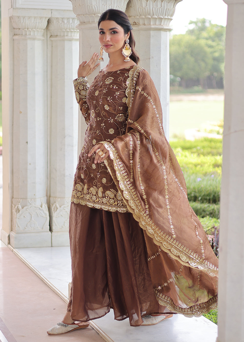 Shop Now Brown Blooming Silk Rich Sequins Sharara Suit Online at Empress in US, UK, Canada, Germany, Australia, Sweden, Denmark, UAE, Qatar, Africa & Worldwide.