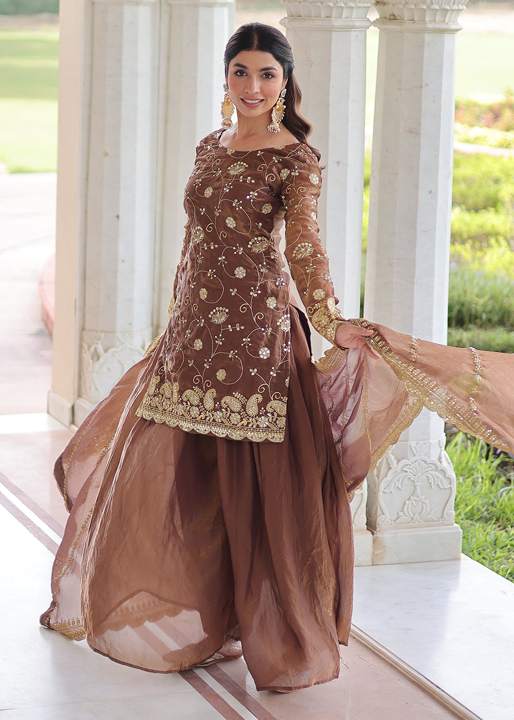 Shop Now Brown Blooming Silk Rich Sequins Sharara Suit Online at Empress in US, UK, Canada, Germany, Australia, Sweden, Denmark, UAE, Qatar, Africa & Worldwide.