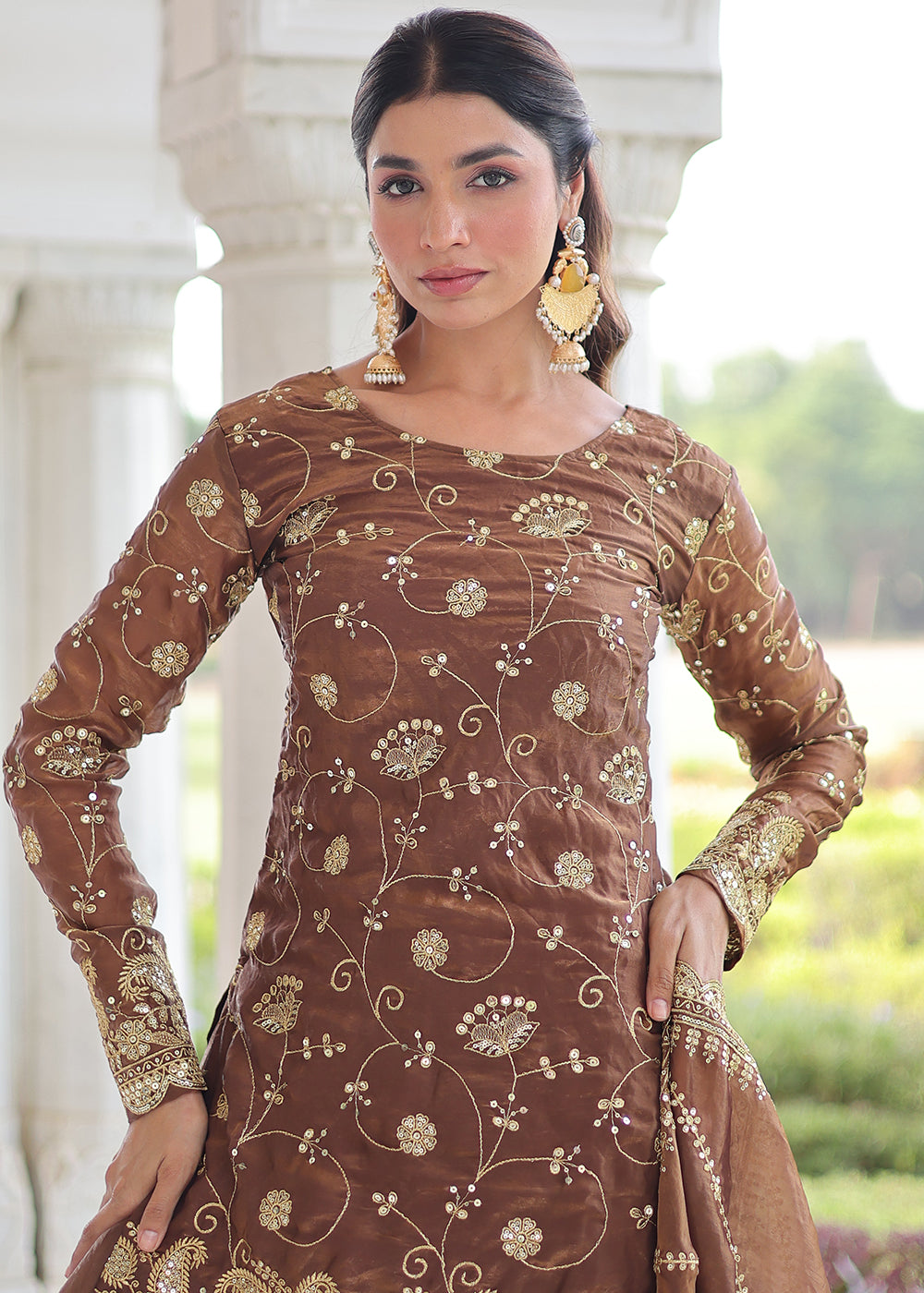 Shop Now Brown Blooming Silk Rich Sequins Sharara Suit Online at Empress in US, UK, Canada, Germany, Australia, Sweden, Denmark, UAE, Qatar, Africa & Worldwide.