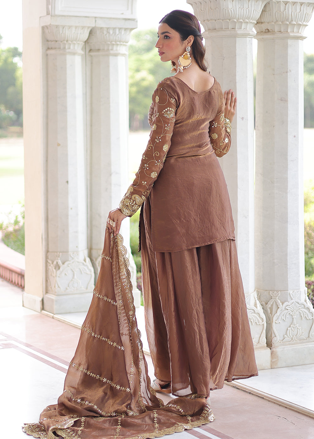 Shop Now Brown Blooming Silk Rich Sequins Sharara Suit Online at Empress in US, UK, Canada, Germany, Australia, Sweden, Denmark, UAE, Qatar, Africa & Worldwide.