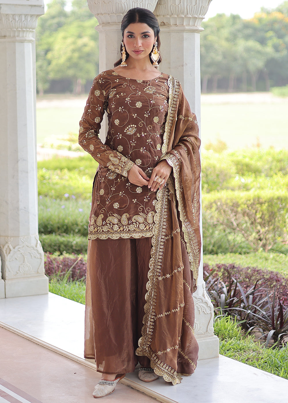 Shop Now Brown Blooming Silk Rich Sequins Sharara Suit Online at Empress in US, UK, Canada, Germany, Australia, Sweden, Denmark, UAE, Qatar, Africa & Worldwide.
