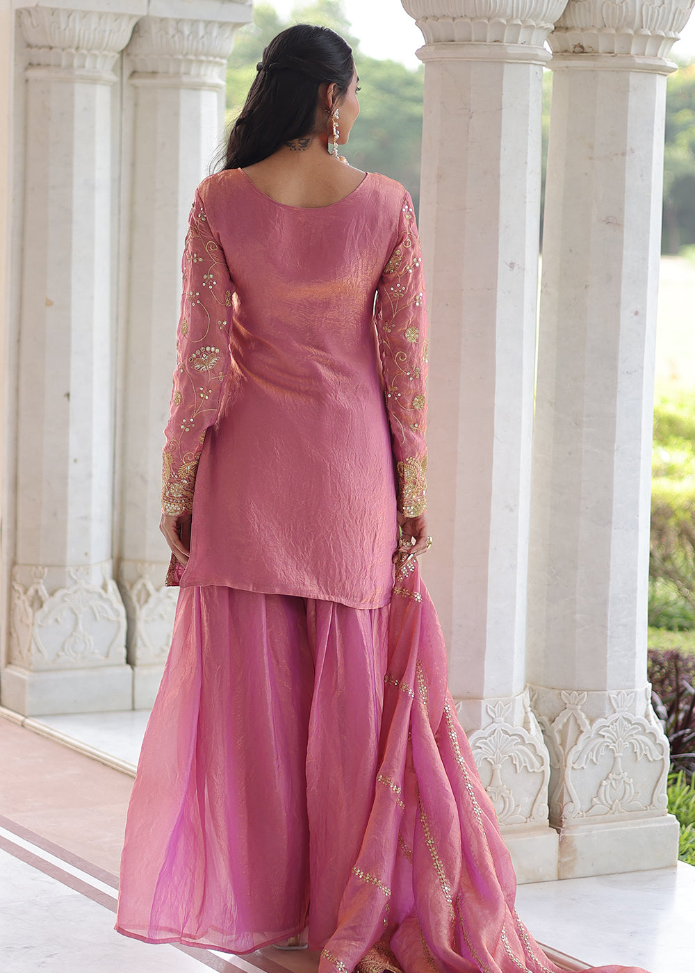 Shop Now Pink Fendy Silk Rich Sequins Sharara Suit Online at Empress in US, UK, Canada, Germany, Australia, Sweden, Denmark, UAE, Qatar, Africa & Worldwide.