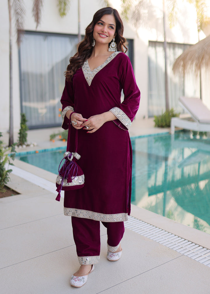 Buy Now Purple Rich Zari & Mirror Work Festive Salwar Suit Online in US, UK, Canada, Germany, Italy, France, Austria, Denmark, Sweden & Worldwide at Empress.