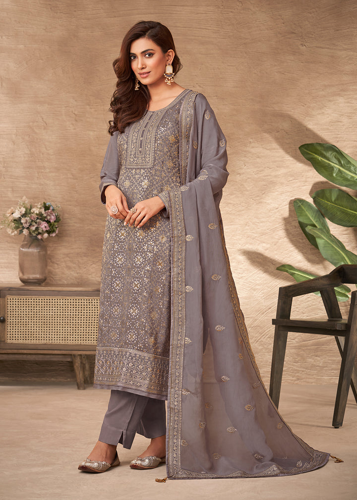 Buy Now Embroidered Grey Viscose Jacquard Pant Style Salwar Suit Online in USA, UK, Canada, Germany, Australia & Worldwide at Empress Clothing.