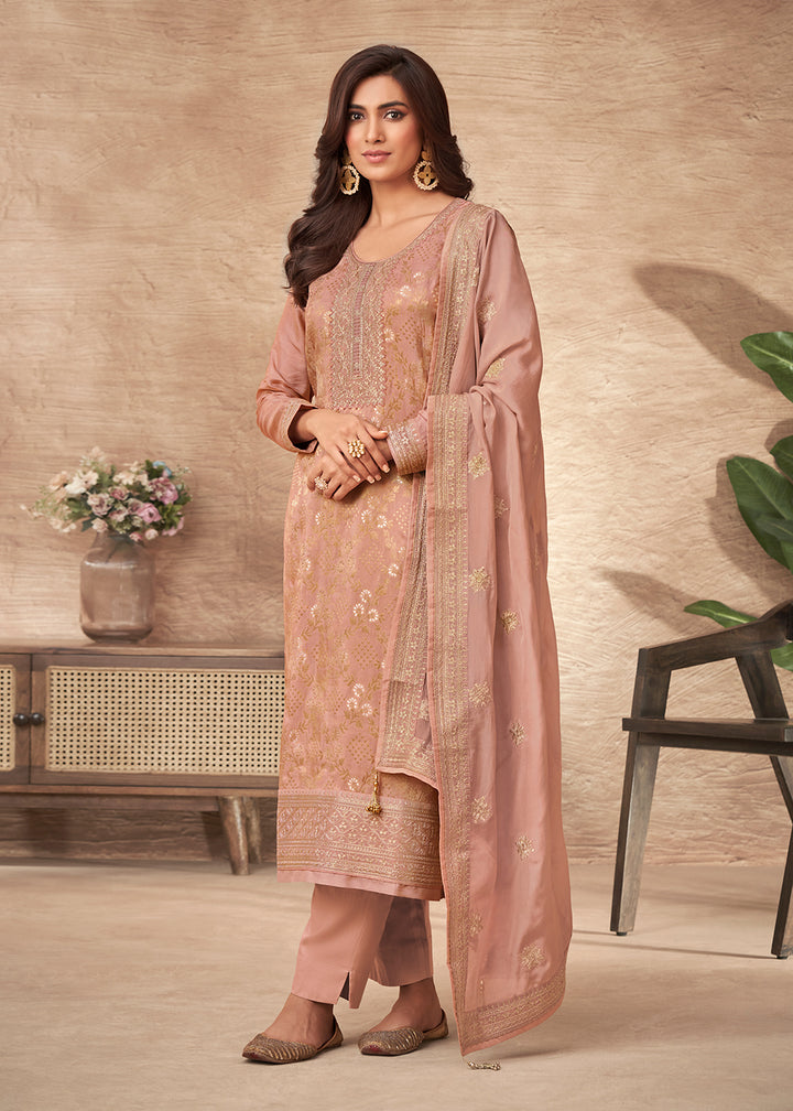 Buy Now Embroidered Peach Viscose Jacquard Pant Style Salwar Suit Online in USA, UK, Canada, Germany, Australia & Worldwide at Empress Clothing.