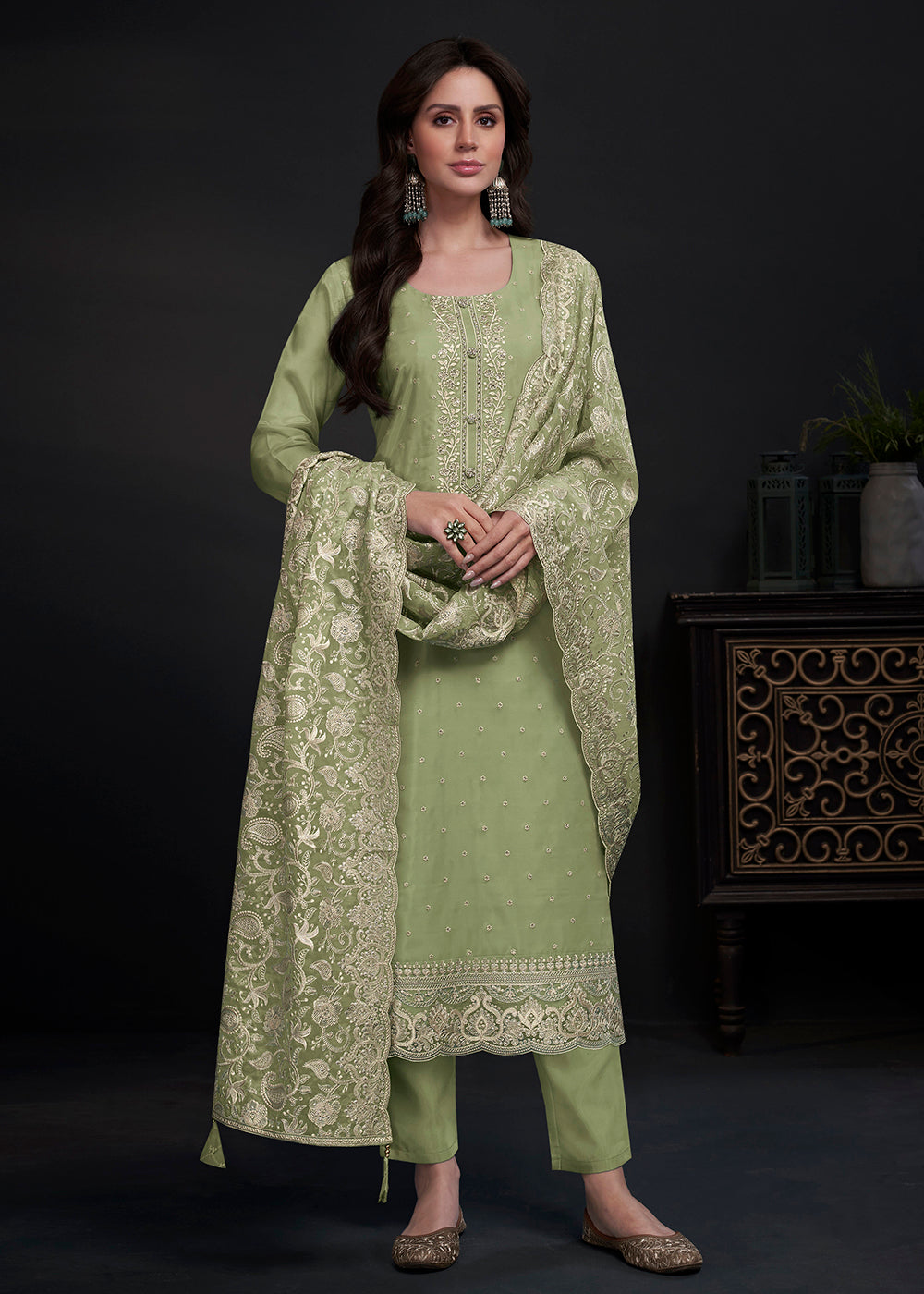 Adorning Organza Sea Green Pant Style Suit