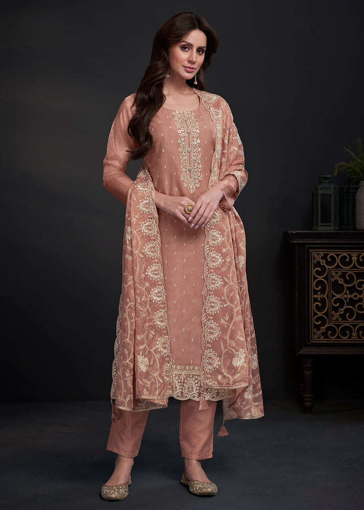 Buy Now Adorning Peach Embroidered Organza Festive Pant Style Salwar Suit Online in USA, UK, Canada, Germany, Australia & Worldwide at Empress Clothing.