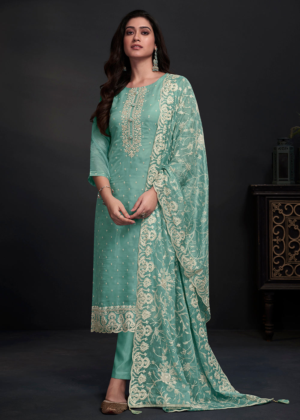 Buy Now Adorning Blue Embroidered Organza Festive Pant Style Salwar Suit Online in USA, UK, Canada, Germany, Australia & Worldwide at Empress Clothing.