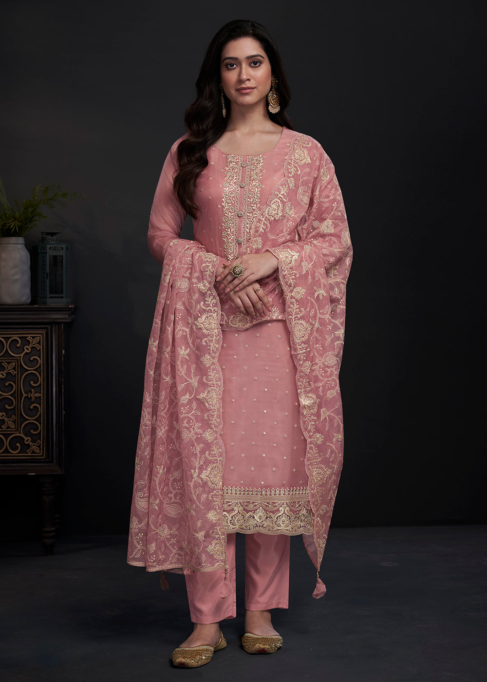 Buy Now Adorning Pink Embroidered Organza Festive Pant Style Salwar Suit Online in USA, UK, Canada, Germany, Australia & Worldwide at Empress Clothing.