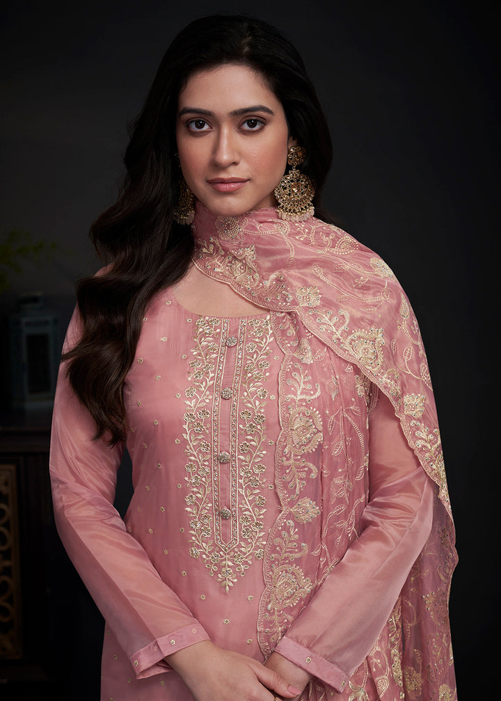 Buy Now Adorning Pink Embroidered Organza Festive Pant Style Salwar Suit Online in USA, UK, Canada, Germany, Australia & Worldwide at Empress Clothing.