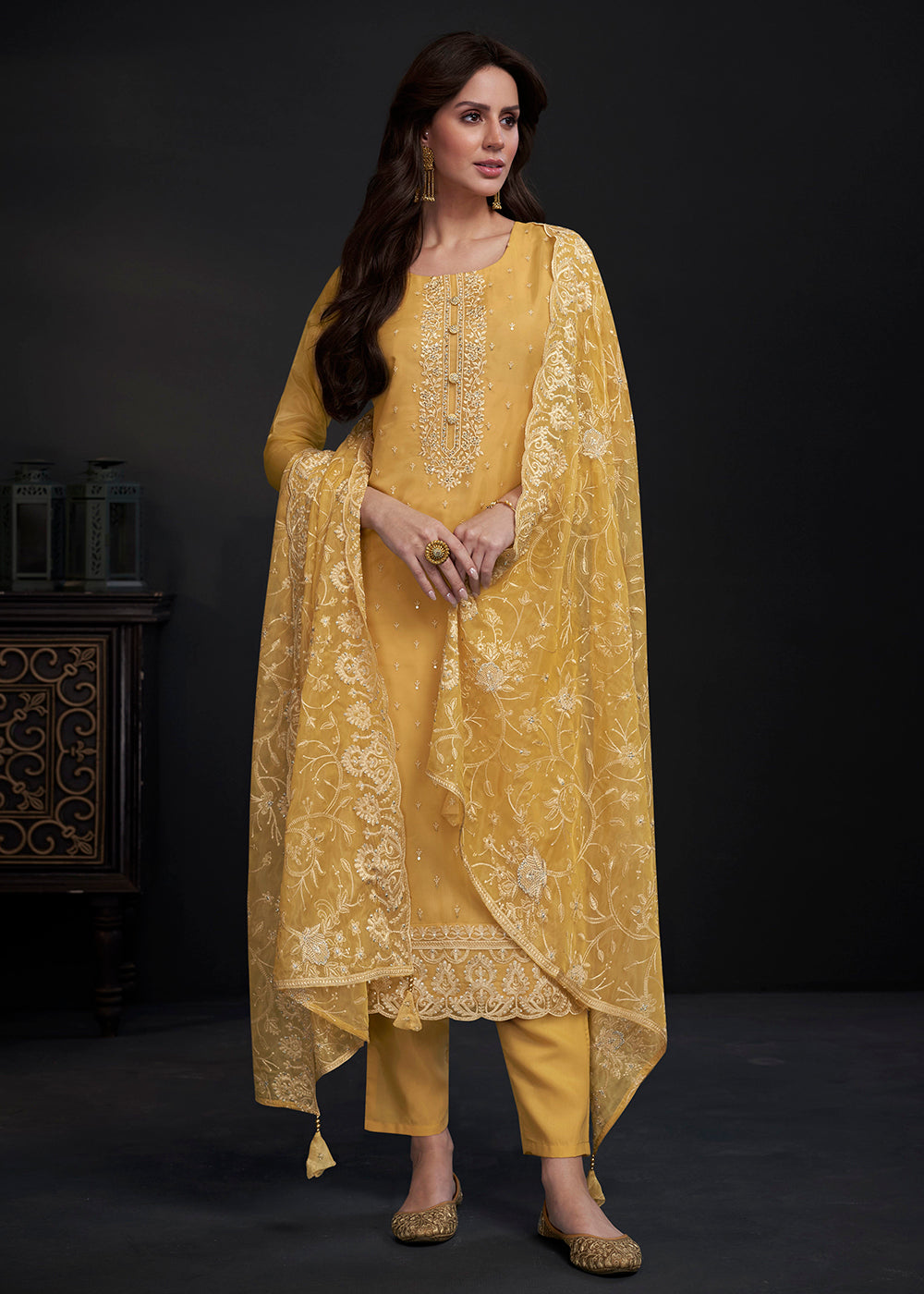 Buy Now Adorning Yellow Embroidered Organza Festive Pant Style Salwar Suit Online in USA, UK, Canada, Germany, Australia & Worldwide at Empress Clothing