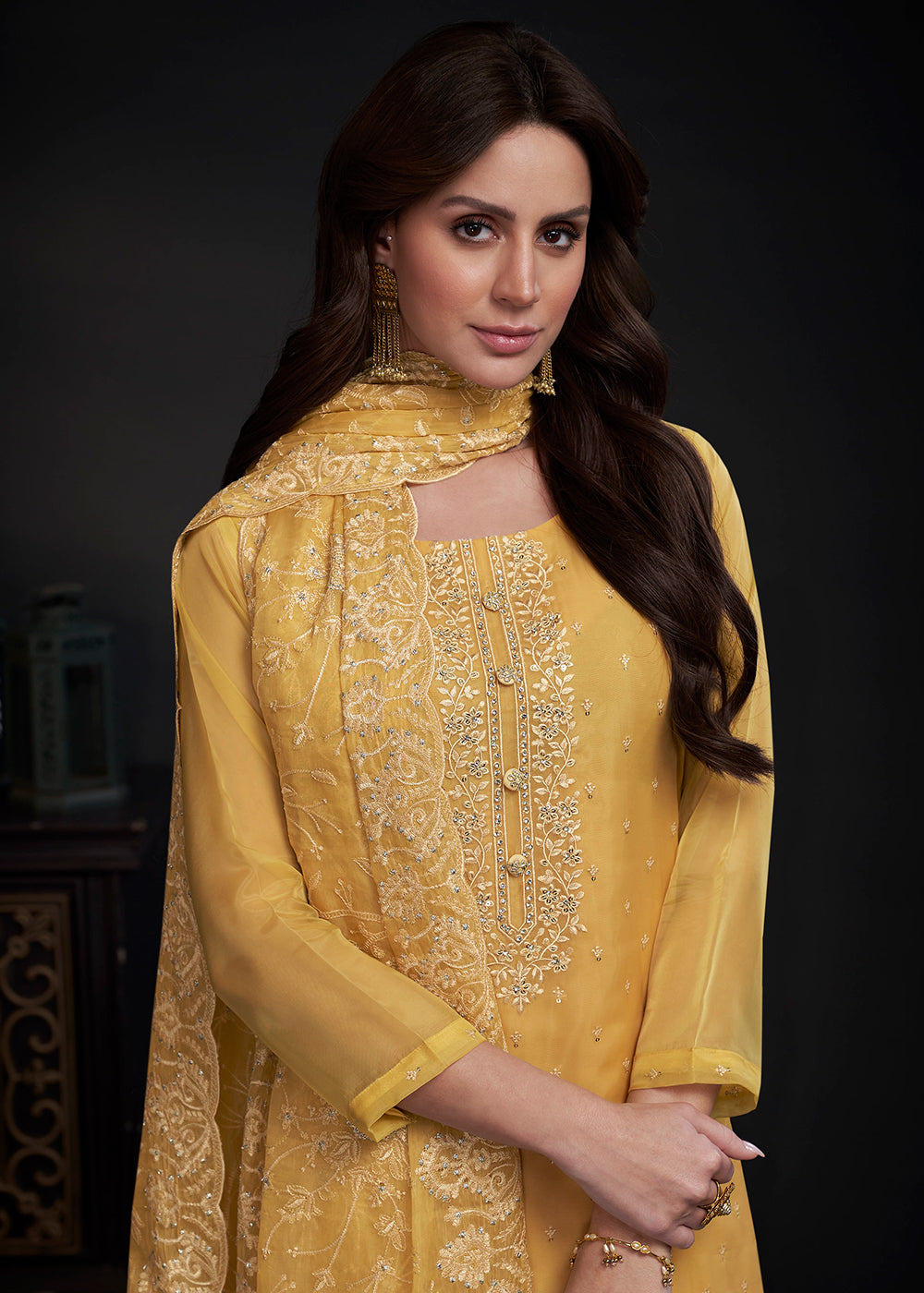 Buy Now Adorning Yellow Embroidered Organza Festive Pant Style Salwar Suit Online in USA, UK, Canada, Germany, Australia & Worldwide at Empress Clothing