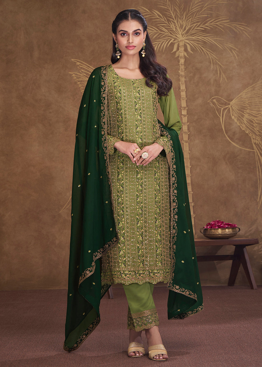 Mahendi Green Pure Art Silk Pant Salwar Suits