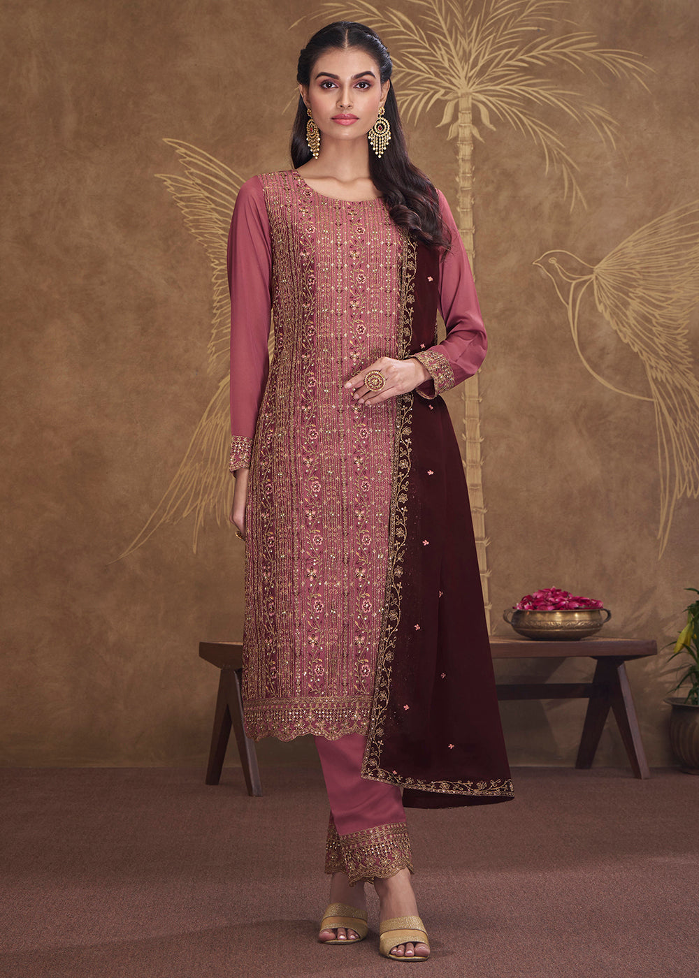 Buy Now Dreamy Pink Embroidered Art Silk Festive Pant Style Salwar Suit Online in USA, UK, Canada, Germany, Australia & Worldwide at Empress Clothing.