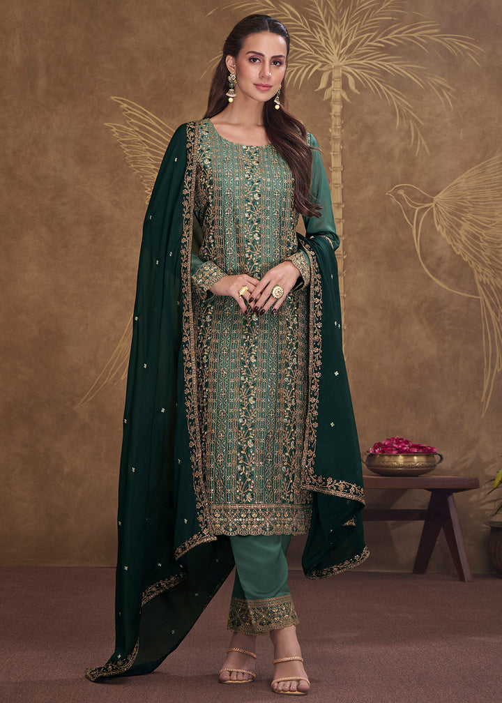 Buy Now Dreamy Dark Green Embroidered Art Silk Festive Pant Style Salwar Suit Online in USA, UK, Canada, Germany, Australia & Worldwide at Empress Clothing.
