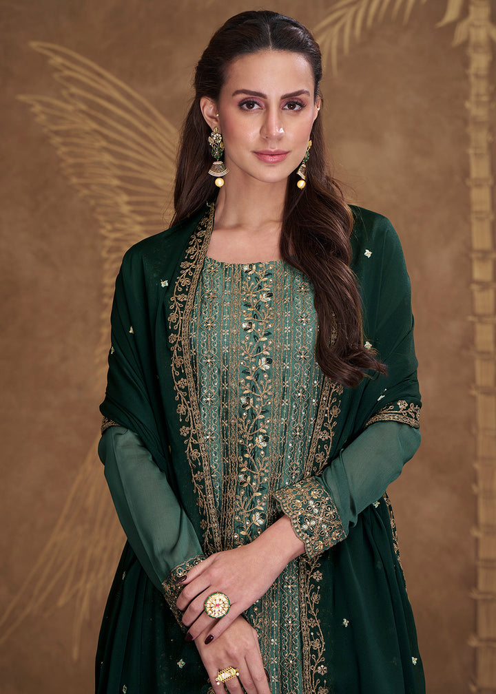 Buy Now Dreamy Dark Green Embroidered Art Silk Festive Pant Style Salwar Suit Online in USA, UK, Canada, Germany, Australia & Worldwide at Empress Clothing.