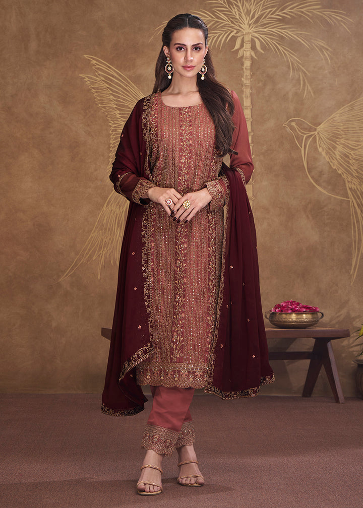 Buy Now Dreamy Red Embroidered Art Silk Festive Pant Style Salwar Suit Online in USA, UK, Canada, Germany, Australia & Worldwide at Empress Clothing. 