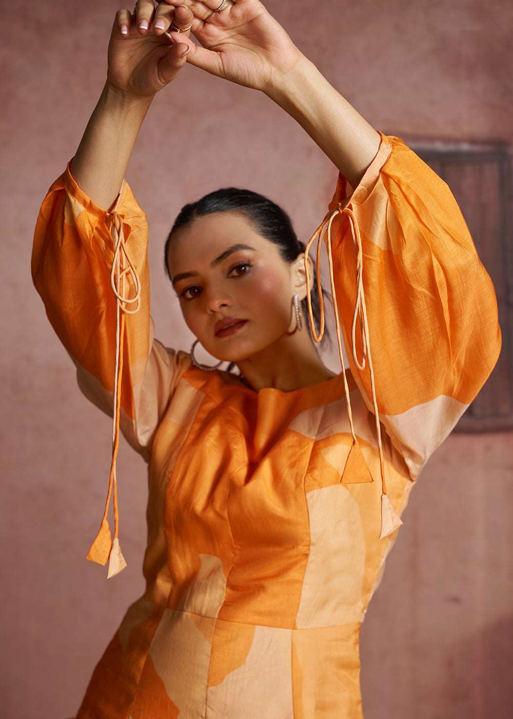 Buy Now Orange Abstract Printed Peplum Tunic & Trouser Co-Ord Set Online in US, UK, Canada, Netherlands, Germany, Italy, France, Greece & Worldwide at Empress.