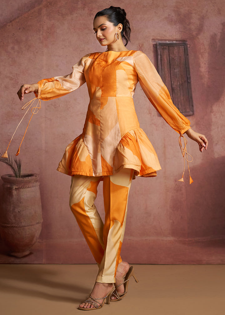 Orange Abstract Printed Peplum Tunic &amp; Trouser Co-Ord Set