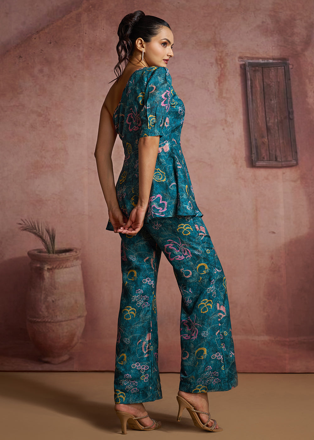 Buy Now Blue Floral Printed One-Shoulder Peplum Top &amp; Trouser Co-Ord Set Online in US, UK, Canada, Netherlands, Germany, Italy, France &amp; Worldwide at Empress.