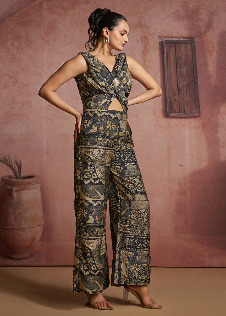 Buy Now Black &amp; Gold Abstract Printed Cut-Out Wide-Leg Jumpsuit Set Online in US, UK, Canada, Netherlands, Germany, Italy, France, UAE &amp; Worldwide at Empress.