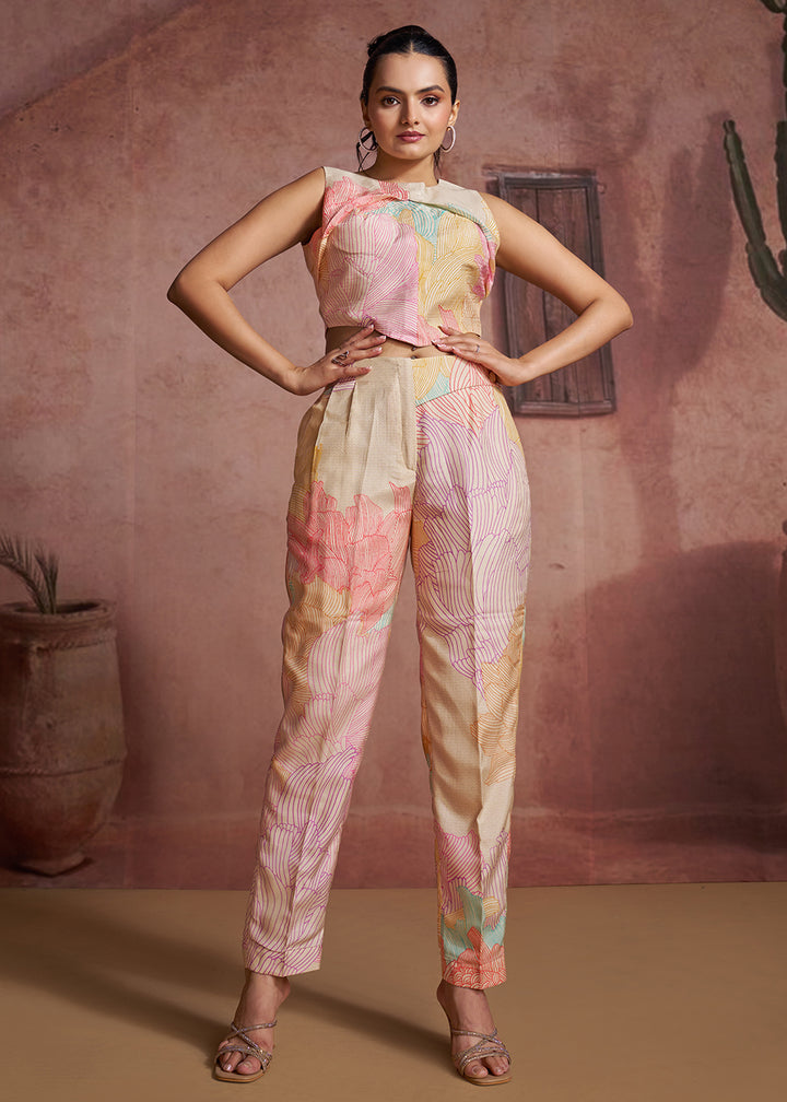 Buy Now Off White Abstract Floral Printed Crop Top &amp; Trouser Co-Ord Set Online in US, UK, Canada, Netherlands, Germany, Italy, France &amp; Worldwide at Empress.