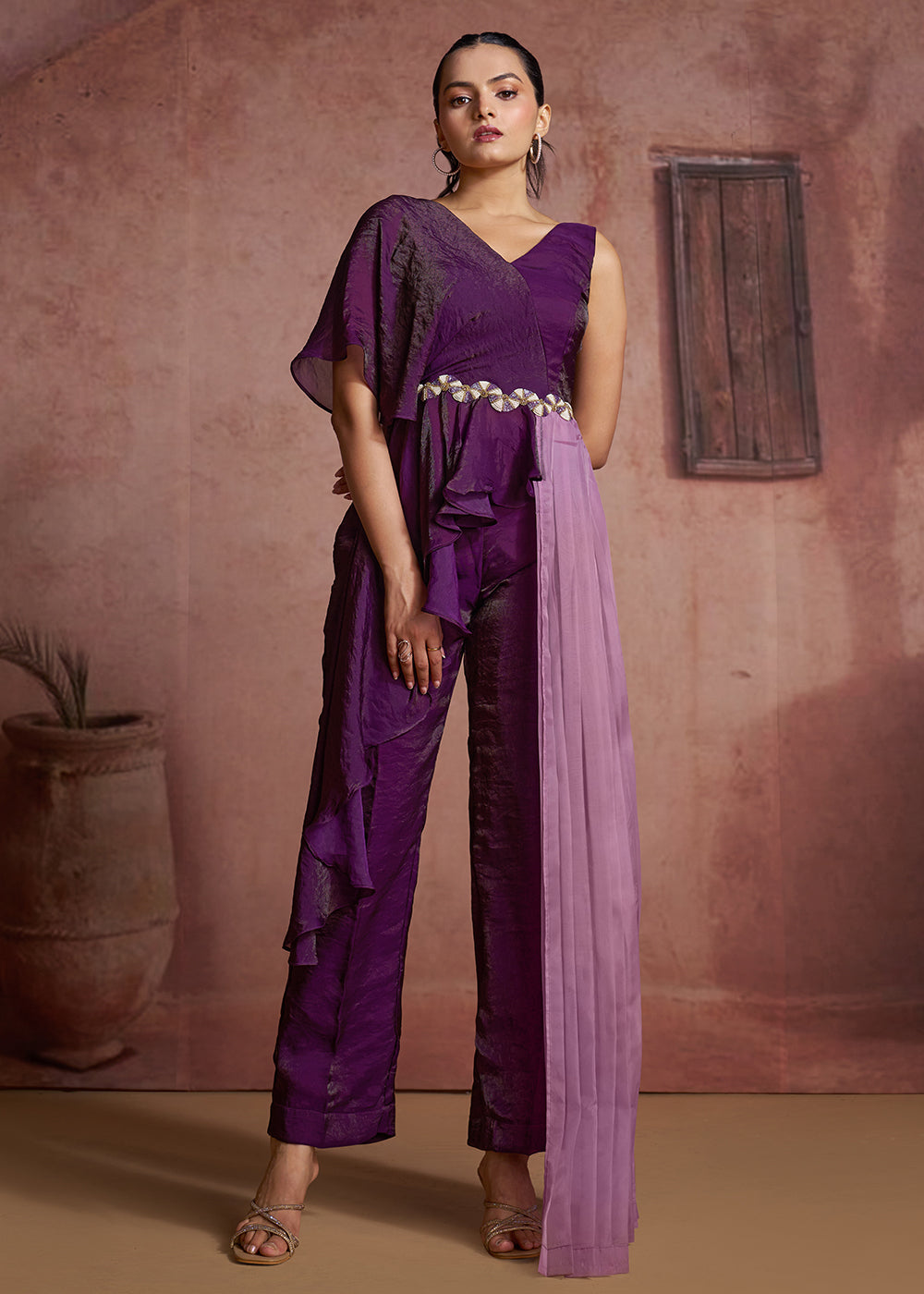 Buy Now Purple One-Shoulder Ruffle Top & Pant Set with Lilac Pleated Drape Online in US, UK, Canada, Netherlands, Germany, Italy, France & Worldwide at Empress.