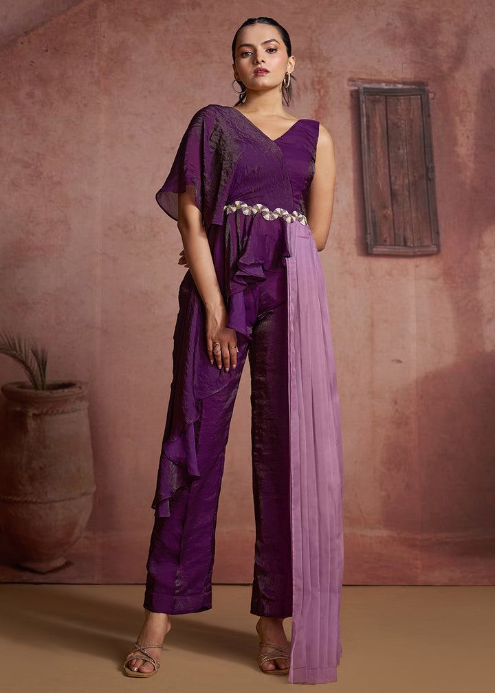 Buy Now Purple One-Shoulder Ruffle Top &amp; Pant Set with Lilac Pleated Drape Online in US, UK, Canada, Netherlands, Germany, Italy, France &amp; Worldwide at Empress.